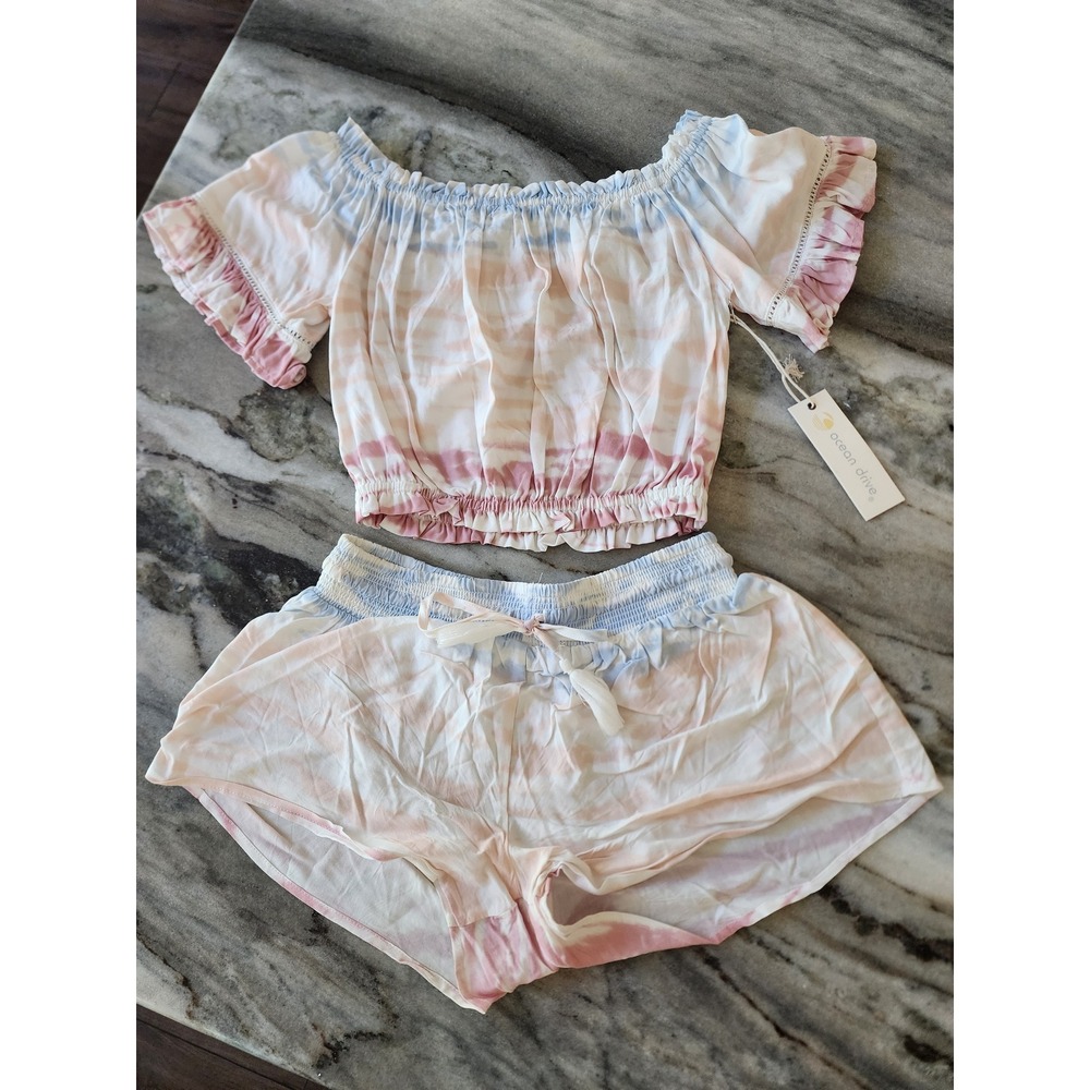 NWT Ocean Drive Tie Dye 2 Piece Set Off Shoulder Crop Top Ruffle Shorts Small